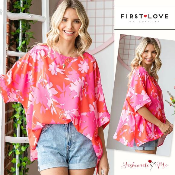 First Love Side Slit Printed Round Neck Half Sleeves Relaxed Fit Blouse | Coral - Picture 1 of 5
